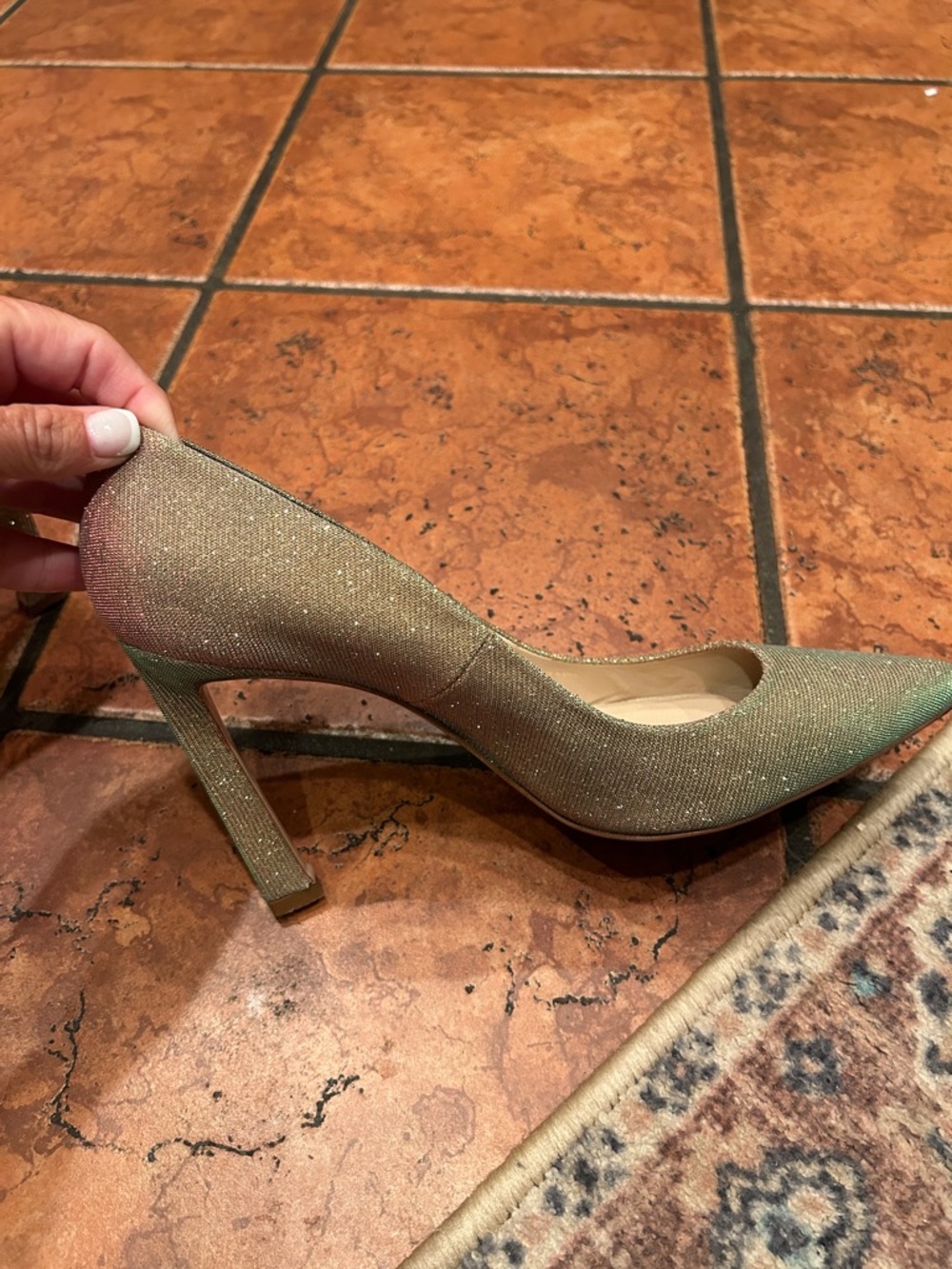 Stuart Wietzman Sparkle Pointed-Toe High Heels in Gold/Iridescent. - Picture 7 of 12